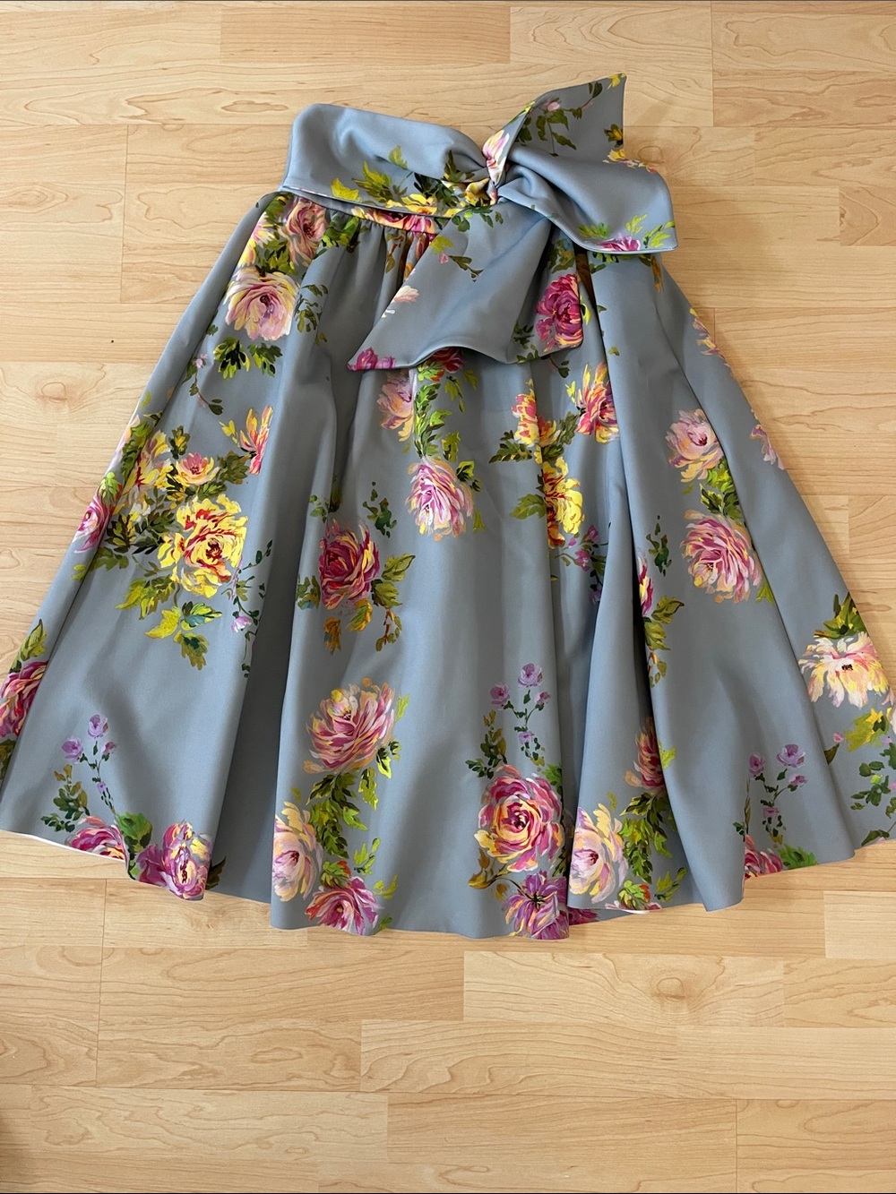ASOS Floral Self-Tie Circle Skirt in Blue-Grey with Pink & Yellow Roses